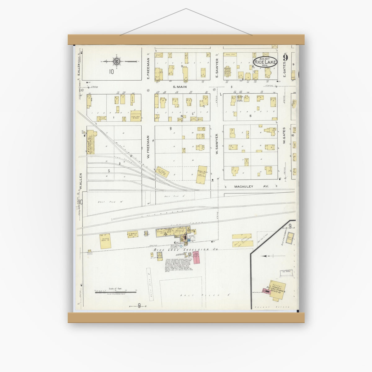 Old map wall art mockup — magnetic wood frame on white wall — Sanborn Fire Insurance Map from Rice Lake, Barron County, Wisconsin (1917), Sheet #0009