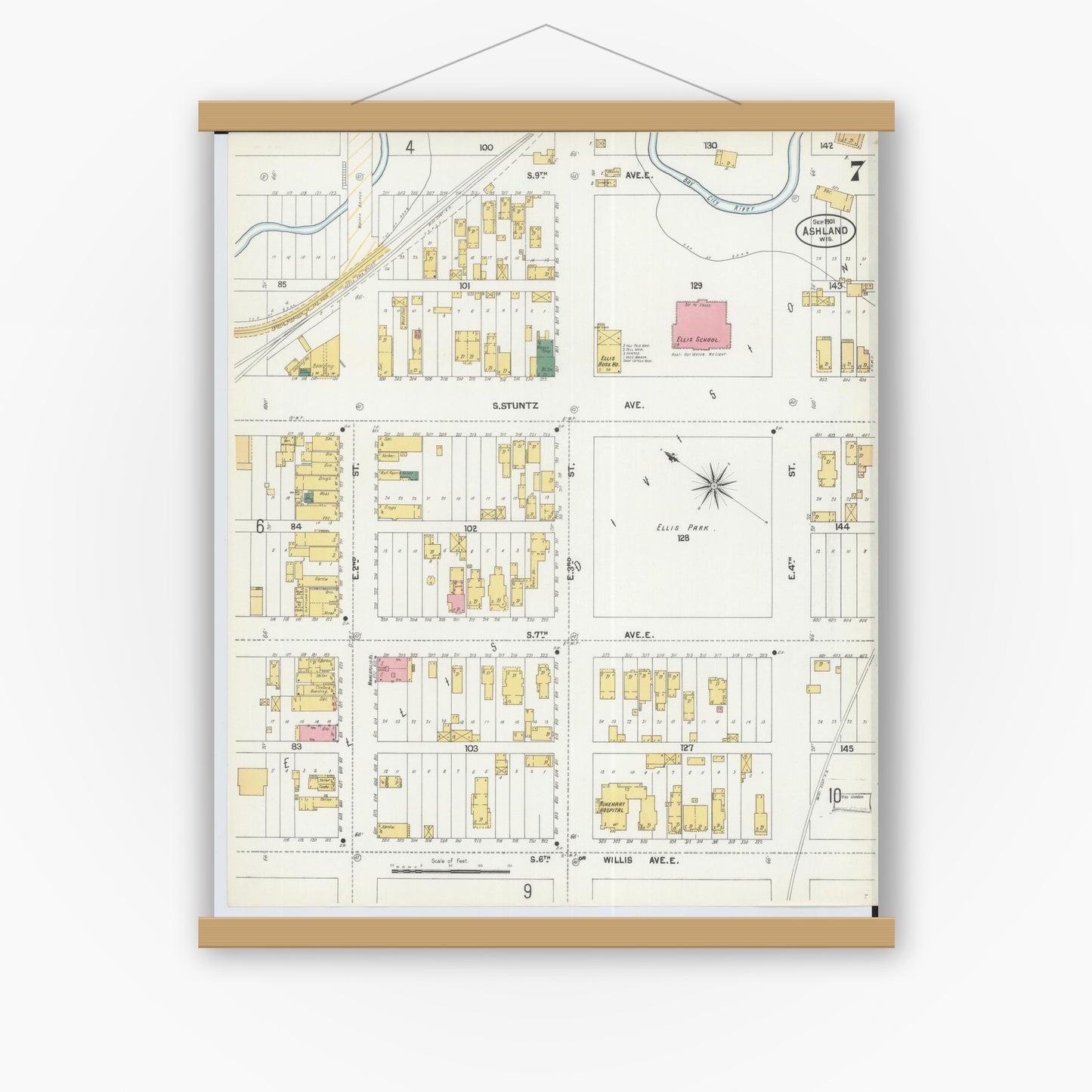 Old map wall art mockup — magnetic wood frame on white wall — Sanborn Fire Insurance Map from Ashland, Ashland County, Wisconsin (1901), Sheet #0007