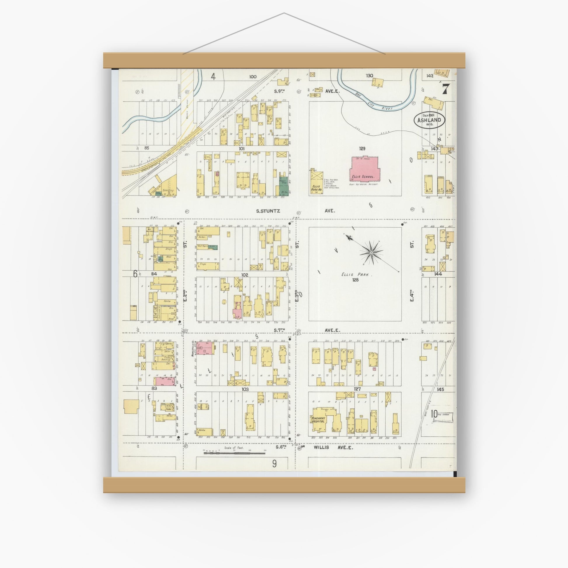 Old map wall art mockup — magnetic wood frame on white wall — Sanborn Fire Insurance Map from Ashland, Ashland County, Wisconsin (1901), Sheet #0007