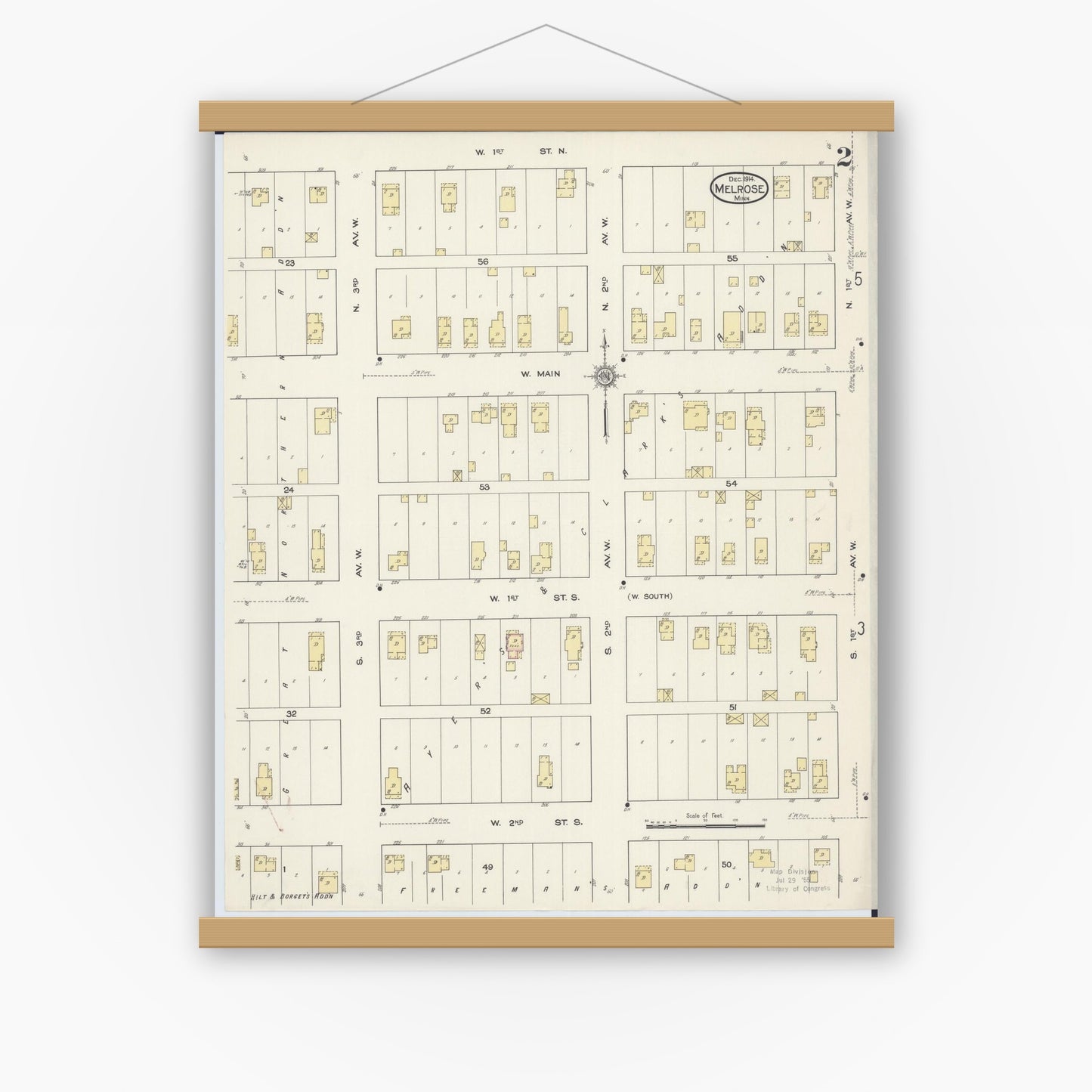 Old map wall art mockup — magnetic wood frame on white wall — Sanborn Fire Insurance Map from Melrose, Stearns County, Minnesota (1914), Sheet #0002