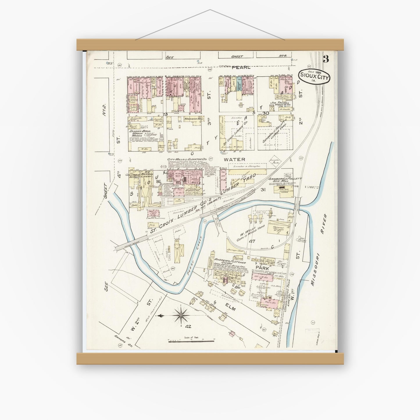 Old map wall art mockup — magnetic wood frame on white wall — Sanborn Fire Insurance Map from Sioux City, Woodbury County, Iowa (1886), Sheet #0003