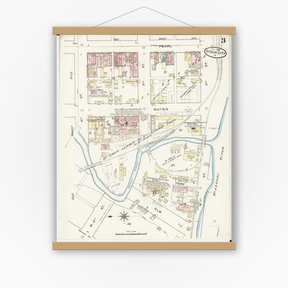 Old map wall art mockup — magnetic wood frame on white wall — Sanborn Fire Insurance Map from Sioux City, Woodbury County, Iowa (1886), Sheet #0003