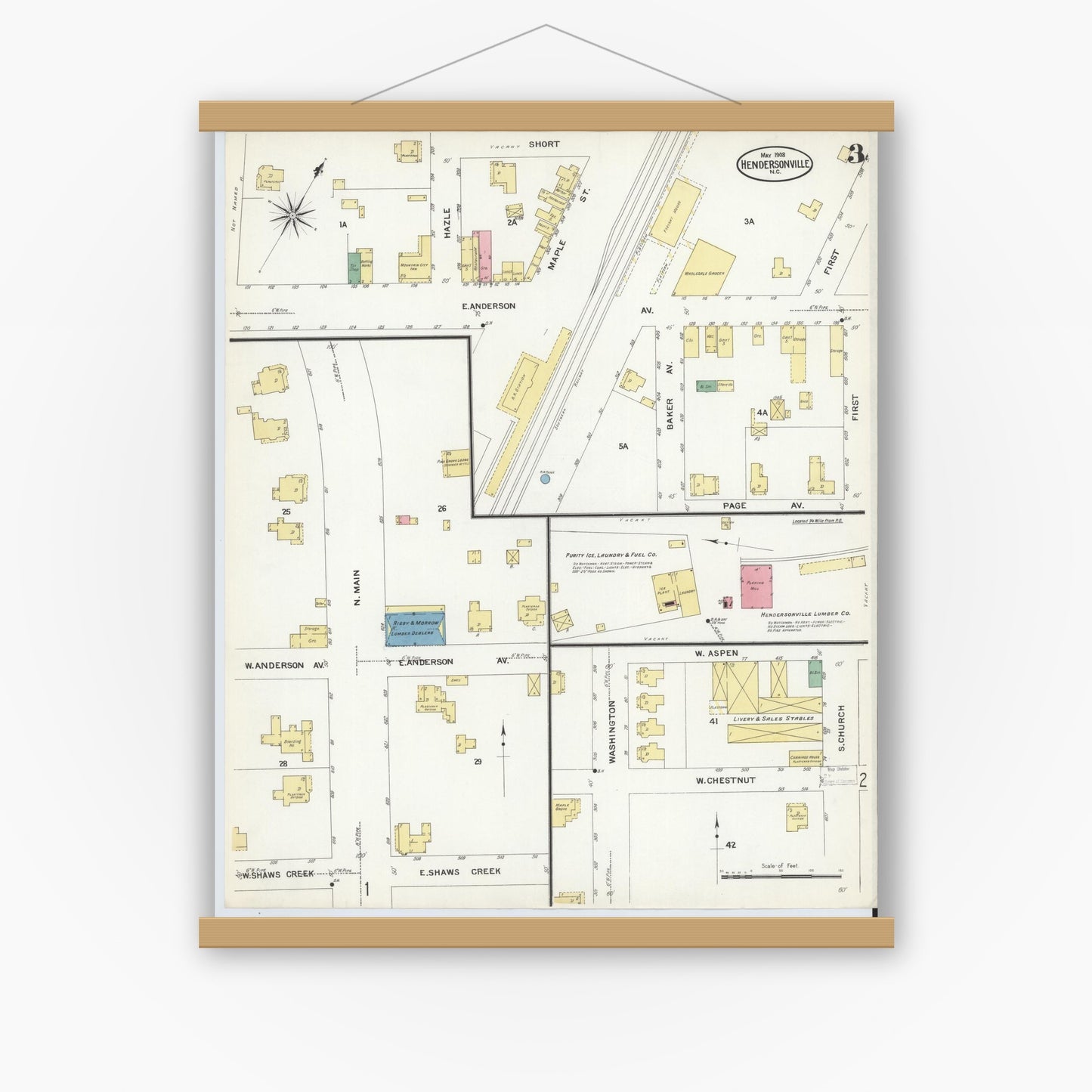 Old map wall art mockup — magnetic wood frame on white wall — Sanborn Fire Insurance Map from Hendersonville, Henderson County, North Carolina (1908), Sheet #0003