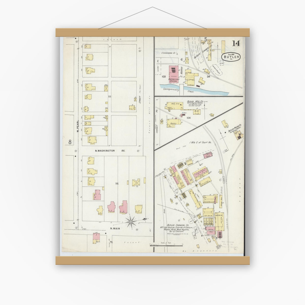 Old map wall art mockup — magnetic wood frame on white wall — Sanborn Fire Insurance Map from Butler, Butler County, Pennsylvania (1896), Sheet #0014
