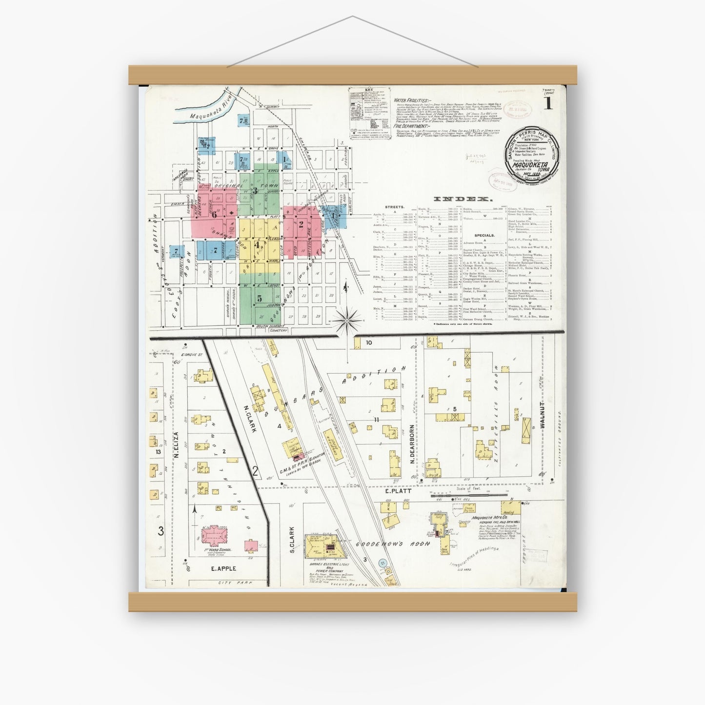 Old map wall art mockup — magnetic wood frame on white wall — Sanborn Fire Insurance Map from Maquoketa, Jackson County, Iowa (1899), Sheet #0001