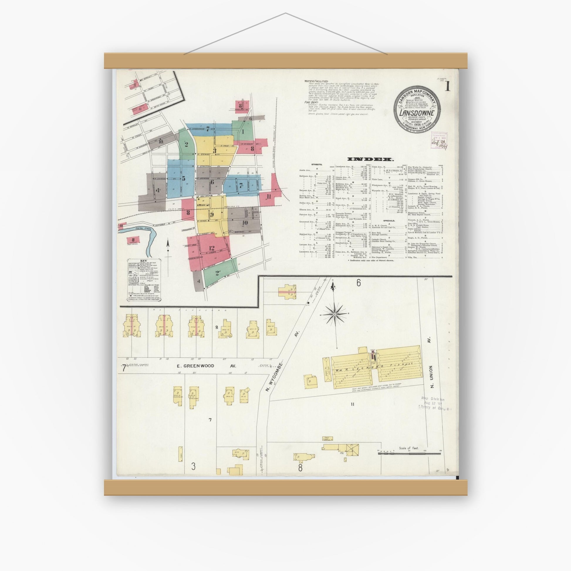 Old map wall art mockup — magnetic wood frame on white wall — Sanborn Fire Insurance Map from Lansdowne, Delaware County, Pennsylvania (1908), Sheet #0001