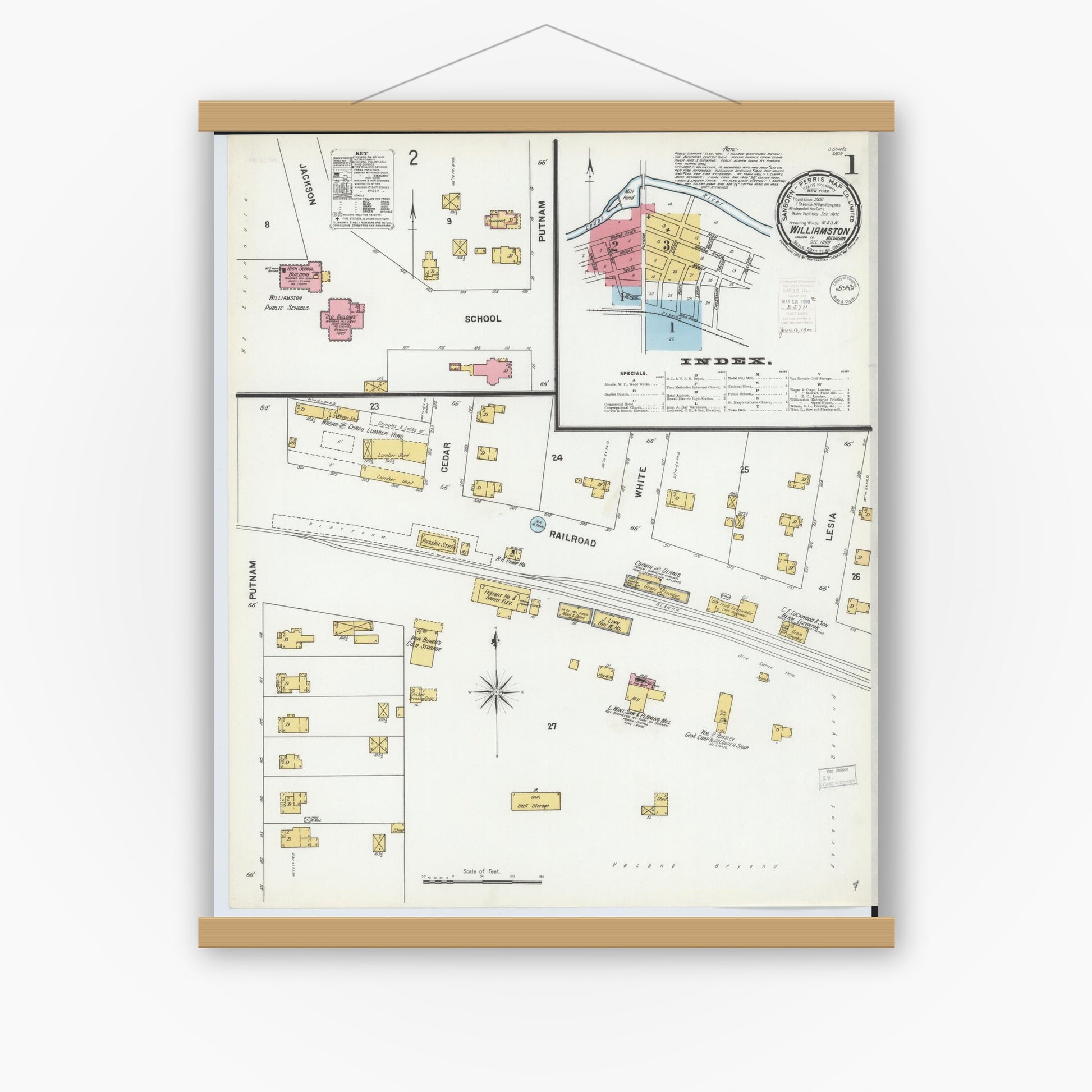 Old map wall art mockup — magnetic wood frame on white wall — Sanborn Fire Insurance Map from Williamston, Ingham County, Michigan (1899), Sheet #0001