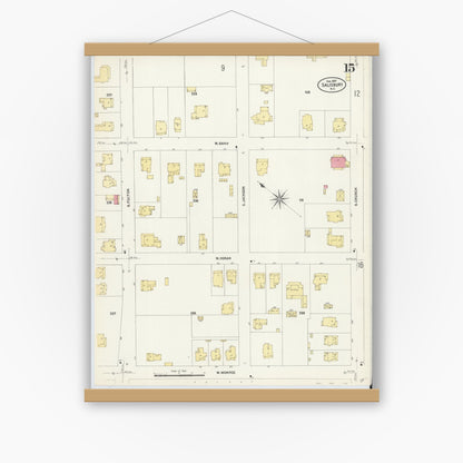 Old map wall art mockup — magnetic wood frame on white wall — Sanborn Fire Insurance Map from Salisbury, Rowan County, North Carolina (1907), Sheet #0015