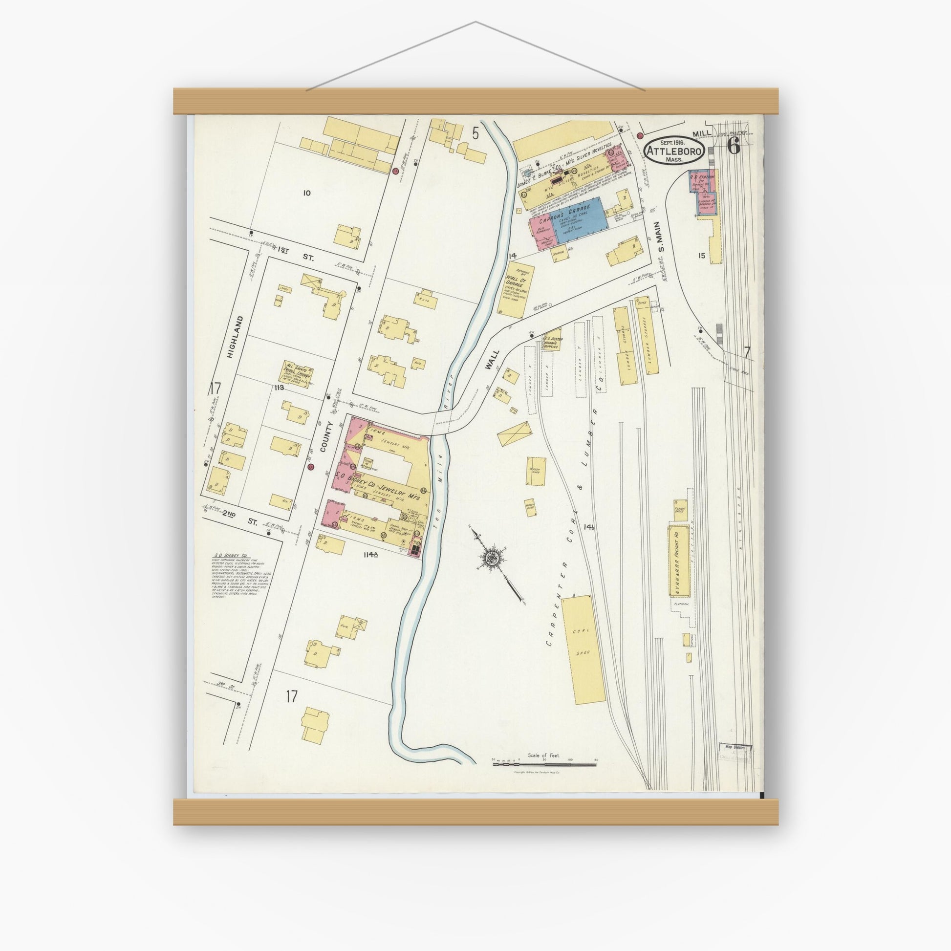 Old map wall art mockup — magnetic wood frame on white wall — Sanborn Fire Insurance Map from Attleboro, Bristol County, Massachusetts (1916), Sheet #0006