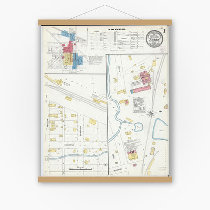 Old map wall art mockup — magnetic wood frame on white wall — Sanborn Fire Insurance Map from Barry, Pike County, Illinois (1905) - Complete Map Set