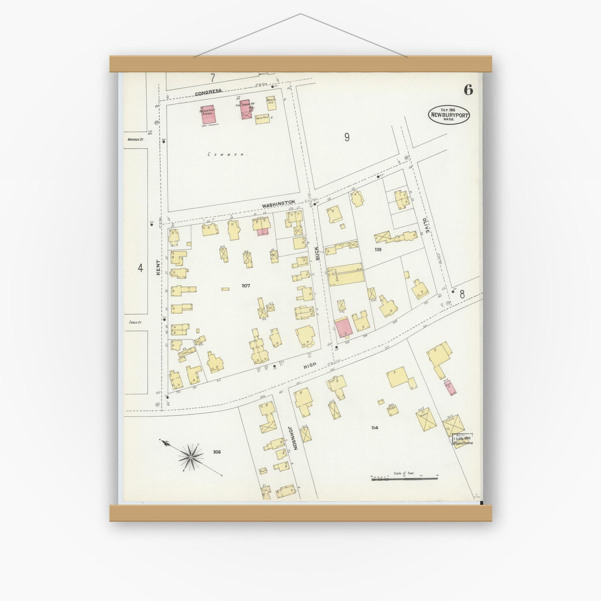 Old map wall art mockup — magnetic wood frame on white wall — Sanborn Fire Insurance Map from Newburyport, Essex County, Massachusetts (1906), Sheet #0006