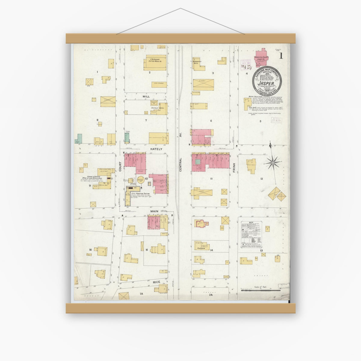 Old map wall art mockup — magnetic wood frame on white wall — Sanborn Fire Insurance Map from Jasper, Hamilton County, Florida (1909), Sheet #0001