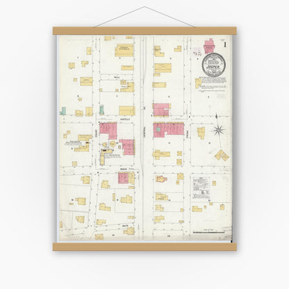 Old map wall art mockup — magnetic wood frame on white wall — Sanborn Fire Insurance Map from Jasper, Hamilton County, Florida (1909), Sheet #0001