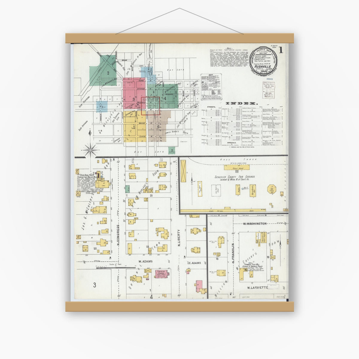 Old map wall art mockup — magnetic wood frame on white wall — Sanborn Fire Insurance Map from Rushville, Schuyler County, Illinois (1900) - Complete Map Set