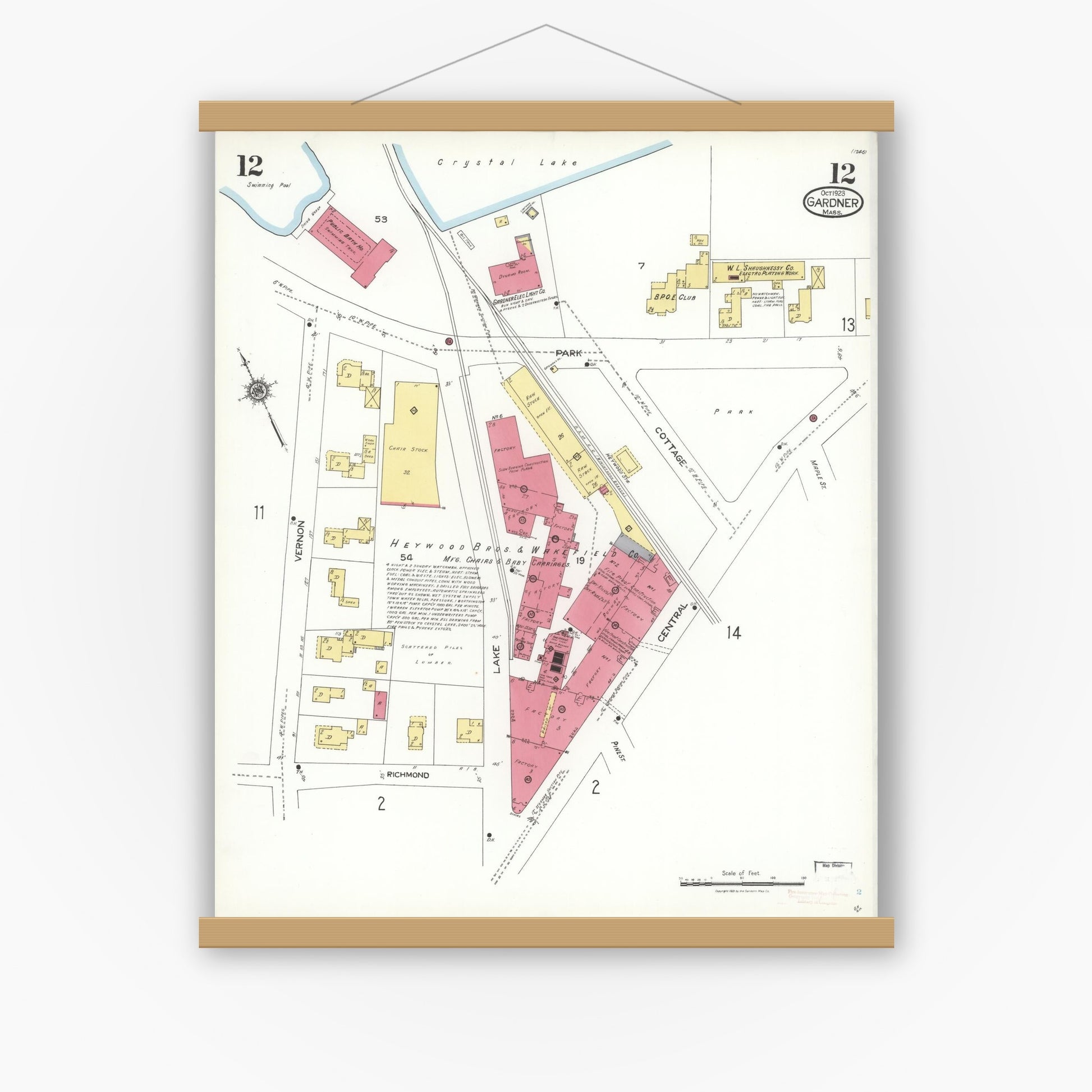 Old map wall art mockup — magnetic wood frame on white wall — Sanborn Fire Insurance Map from Gardner, Worcester County, Massachusetts (1923), Sheet #0012