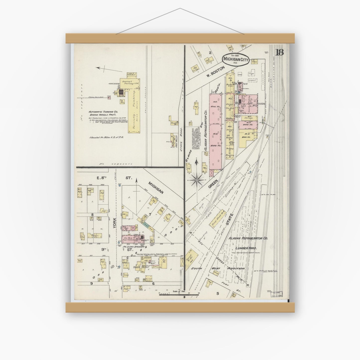 Old map wall art mockup — magnetic wood frame on white wall — Sanborn Fire Insurance Map from Michigan City, La Porte County, Indiana (1889), Sheet #0018