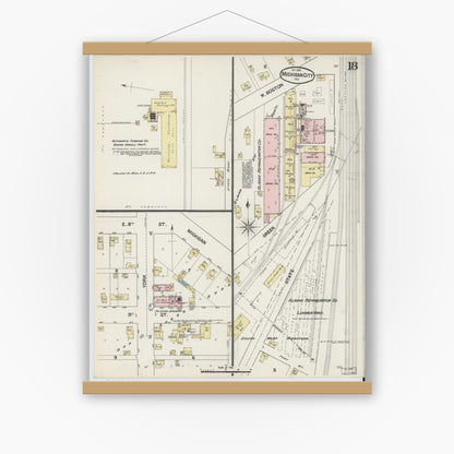 Old map wall art mockup — magnetic wood frame on white wall — Sanborn Fire Insurance Map from Michigan City, La Porte County, Indiana (1889), Sheet #0018