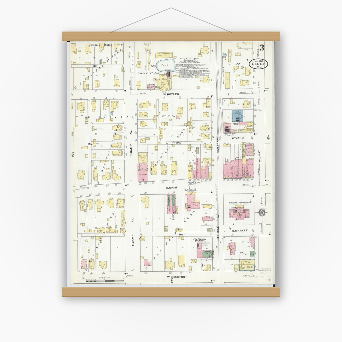 Old map wall art mockup — magnetic wood frame on white wall — Sanborn Fire Insurance Map from Olney, Richland County, Illinois (1910), Sheet #0003