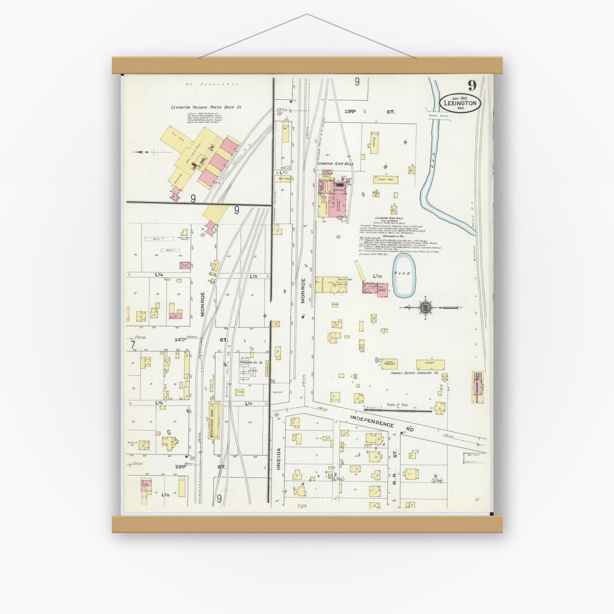 Old map wall art mockup — magnetic wood frame on white wall — Sanborn Fire Insurance Map from Lexington, Lafayette County, Missouri (1910), Sheet #0009