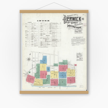 Old map wall art mockup — magnetic wood frame on white wall — Sanborn Fire Insurance Map from Berwick, Columbia County, Pennsylvania (1907), Sheet #0001