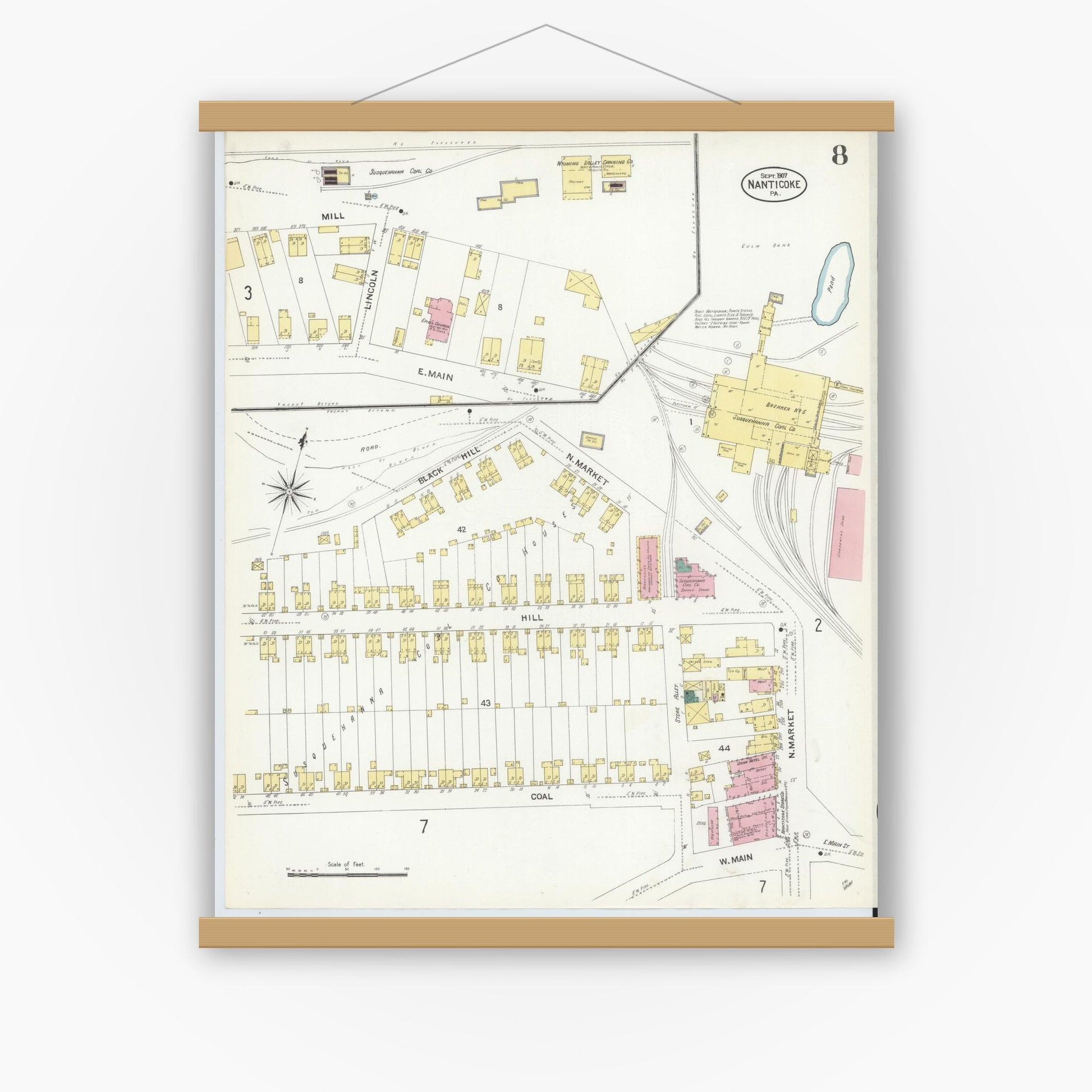 Old map wall art mockup — magnetic wood frame on white wall — Sanborn Fire Insurance Map from Nanticoke, Luzerne County, Pennsylvania (1907), Sheet #0008