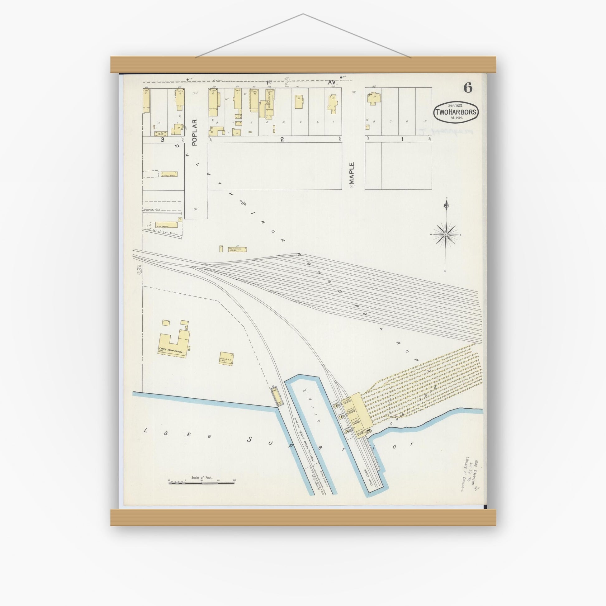 Old map wall art mockup — magnetic wood frame on white wall — Sanborn Fire Insurance Map from Two Harbors, Lake County, Minnesota (1892), Sheet #0006