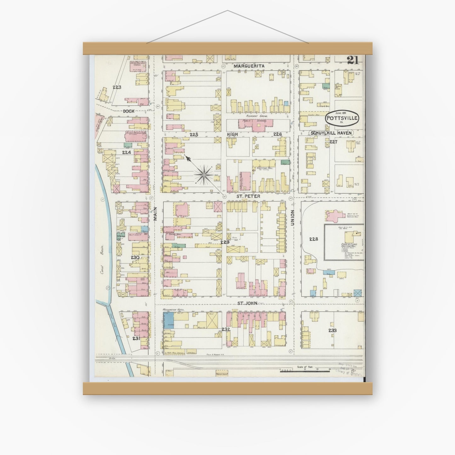 Old map wall art mockup — magnetic wood frame on white wall — Sanborn Fire Insurance Map from Pottsville, Schuylkill County, Pennsylvania (1891), Sheet #0021