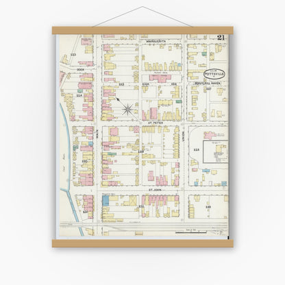 Old map wall art mockup — magnetic wood frame on white wall — Sanborn Fire Insurance Map from Pottsville, Schuylkill County, Pennsylvania (1891), Sheet #0021