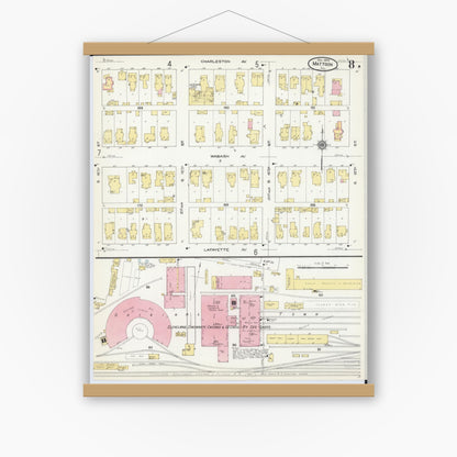 Old map wall art mockup — magnetic wood frame on white wall — Sanborn Fire Insurance Map from Mattoon, Coles County, Illinois (1909), Sheet #0008