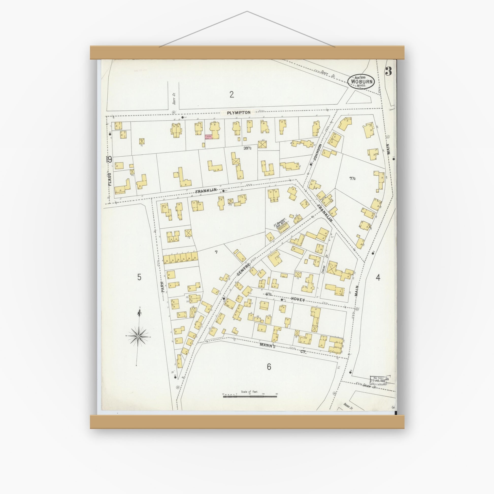Old map wall art mockup — magnetic wood frame on white wall — Sanborn Fire Insurance Map from Woburn, Middlesex County, Massachusetts (1899), Sheet #0003