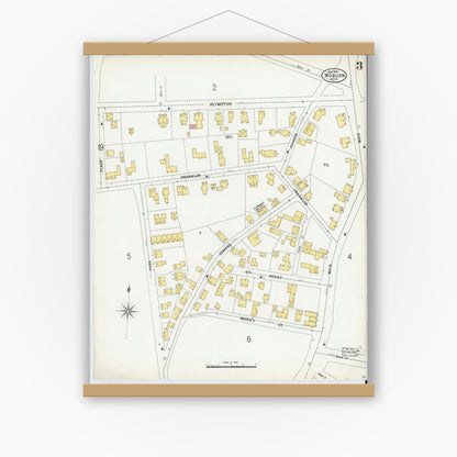 Old map wall art mockup — magnetic wood frame on white wall — Sanborn Fire Insurance Map from Woburn, Middlesex County, Massachusetts (1899), Sheet #0003