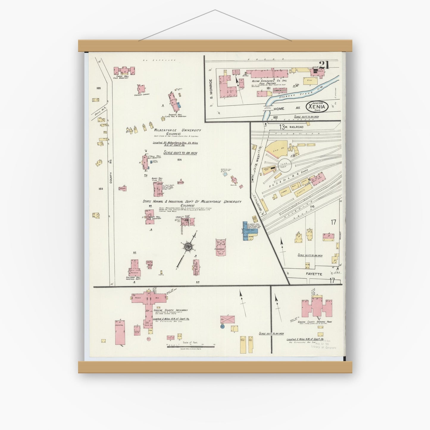Old map wall art mockup — magnetic wood frame on white wall — Sanborn Fire Insurance Map from Xenia, Greene County, Ohio (1919), Sheet #0021