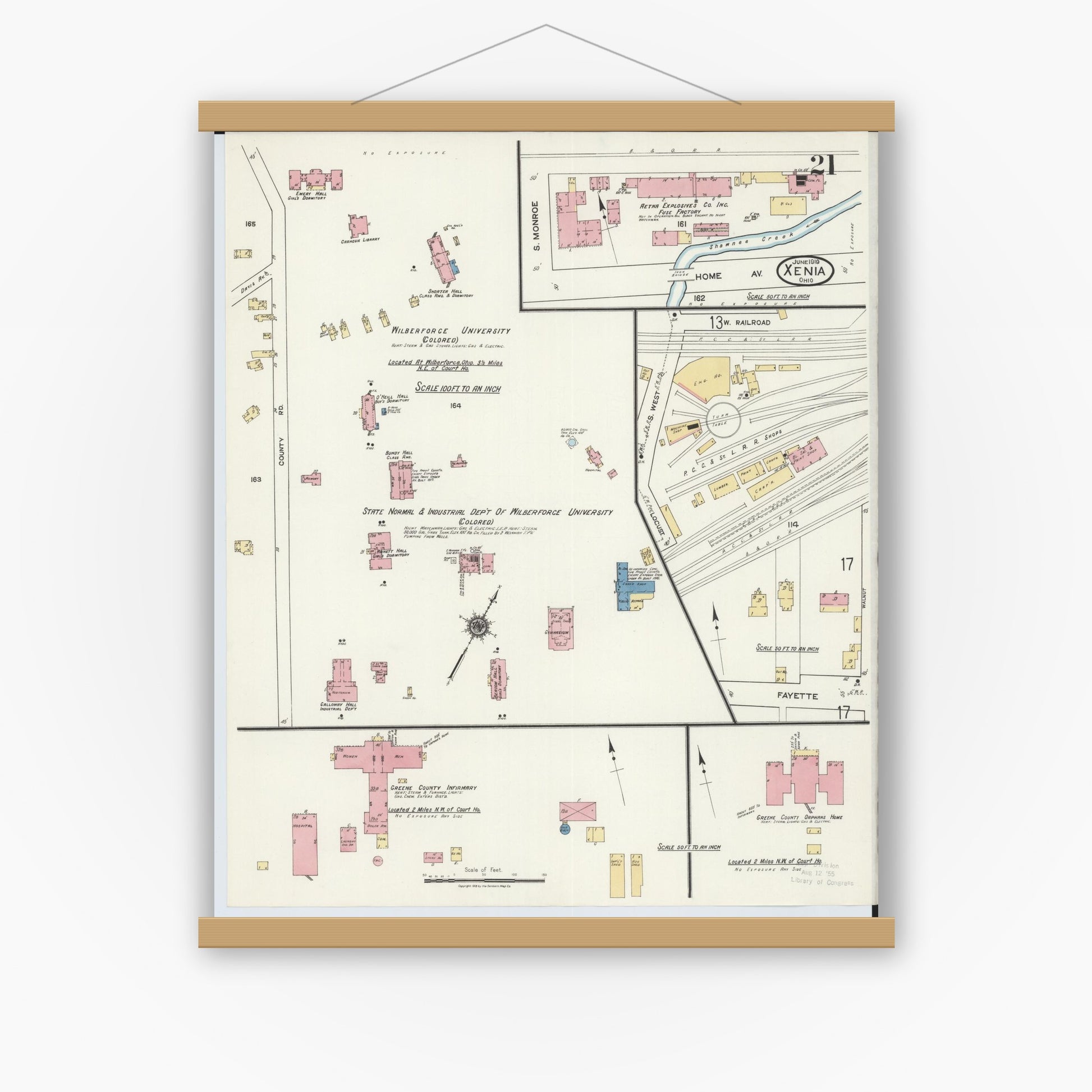 Old map wall art mockup — magnetic wood frame on white wall — Sanborn Fire Insurance Map from Xenia, Greene County, Ohio (1919), Sheet #0021