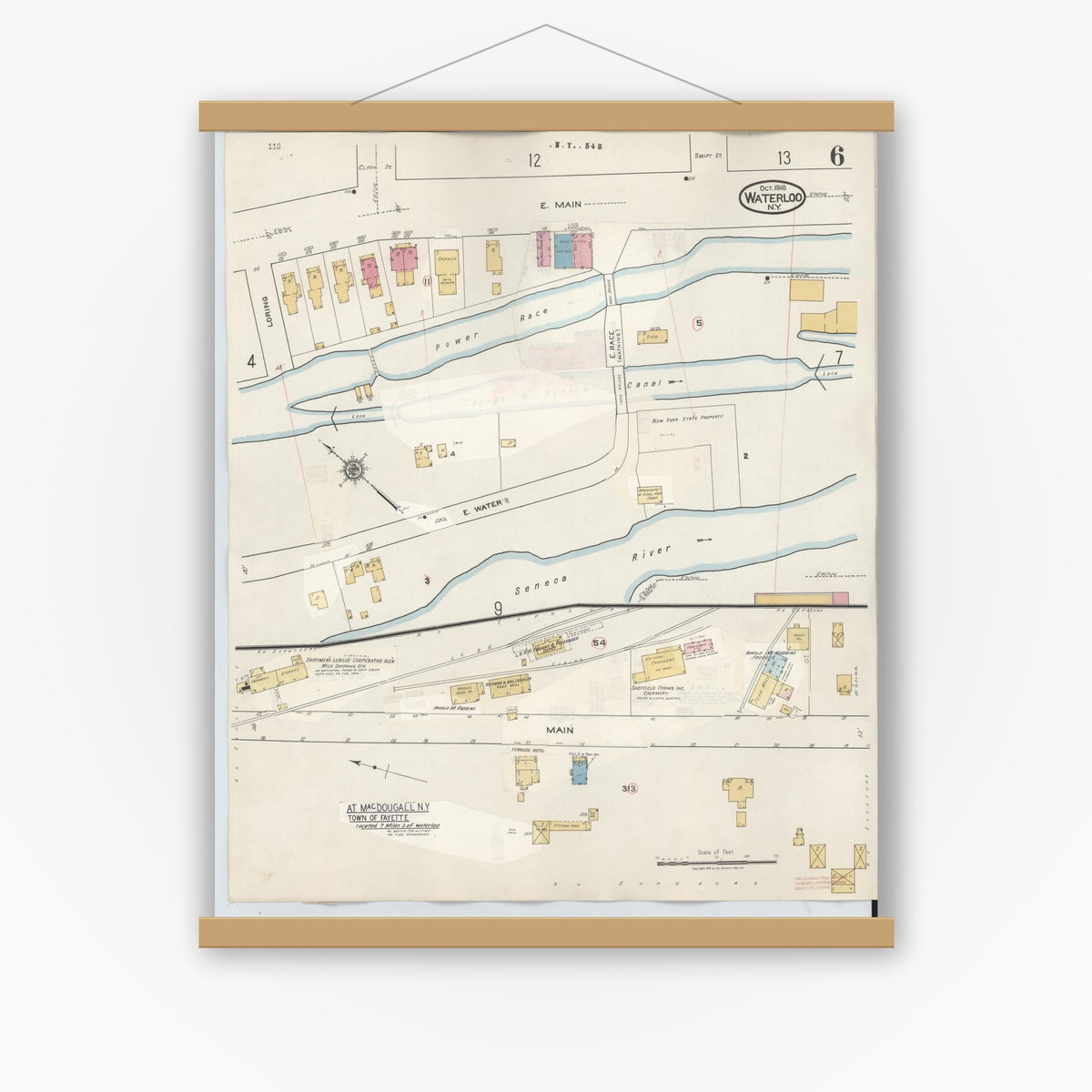 Old map wall art mockup — magnetic wood frame on white wall — Sanborn Fire Insurance Map from Waterloo, Seneca County, New York (1948), Sheet #0006