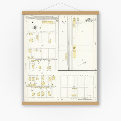 Old map wall art mockup — magnetic wood frame on white wall — Sanborn Fire Insurance Map from Merced, Merced County, California (1907), Sheet #0005