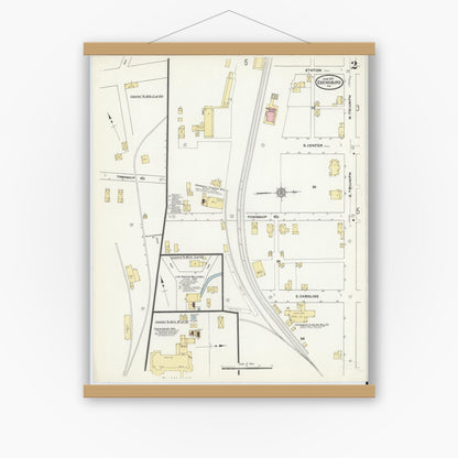 Old map wall art mockup — magnetic wood frame on white wall — Sanborn Fire Insurance Map from Ebensburg, Cambria County, Pennsylvania (1910), Sheet #0002