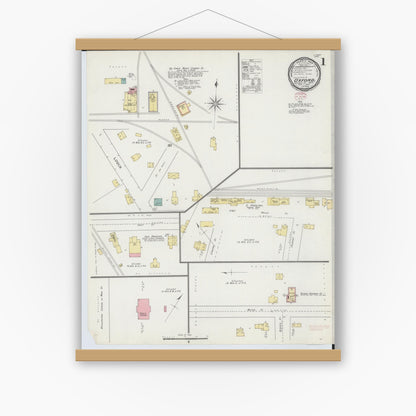 Old map wall art mockup — magnetic wood frame on white wall — Sanborn Fire Insurance Map from Oxford, Oakland County, Michigan (1895) - Complete Map Set