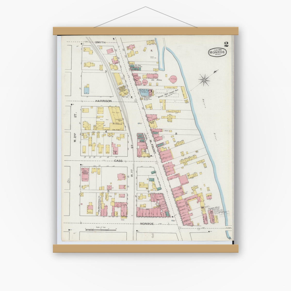 Old map wall art mockup — magnetic wood frame on white wall — Sanborn Fire Insurance Map from Monroe, Monroe County, Michigan (1893), Sheet #0002