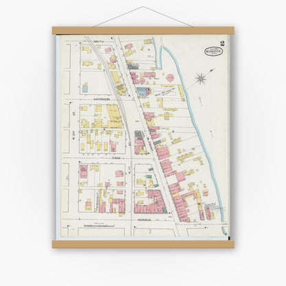 Old map wall art mockup — magnetic wood frame on white wall — Sanborn Fire Insurance Map from Monroe, Monroe County, Michigan (1893), Sheet #0002