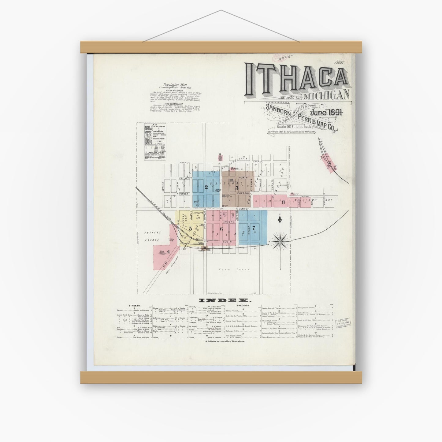 Old map wall art mockup — magnetic wood frame on white wall — Sanborn Fire Insurance Map from Ithaca, Gratiot County, Michigan (1891) - Complete Map Set