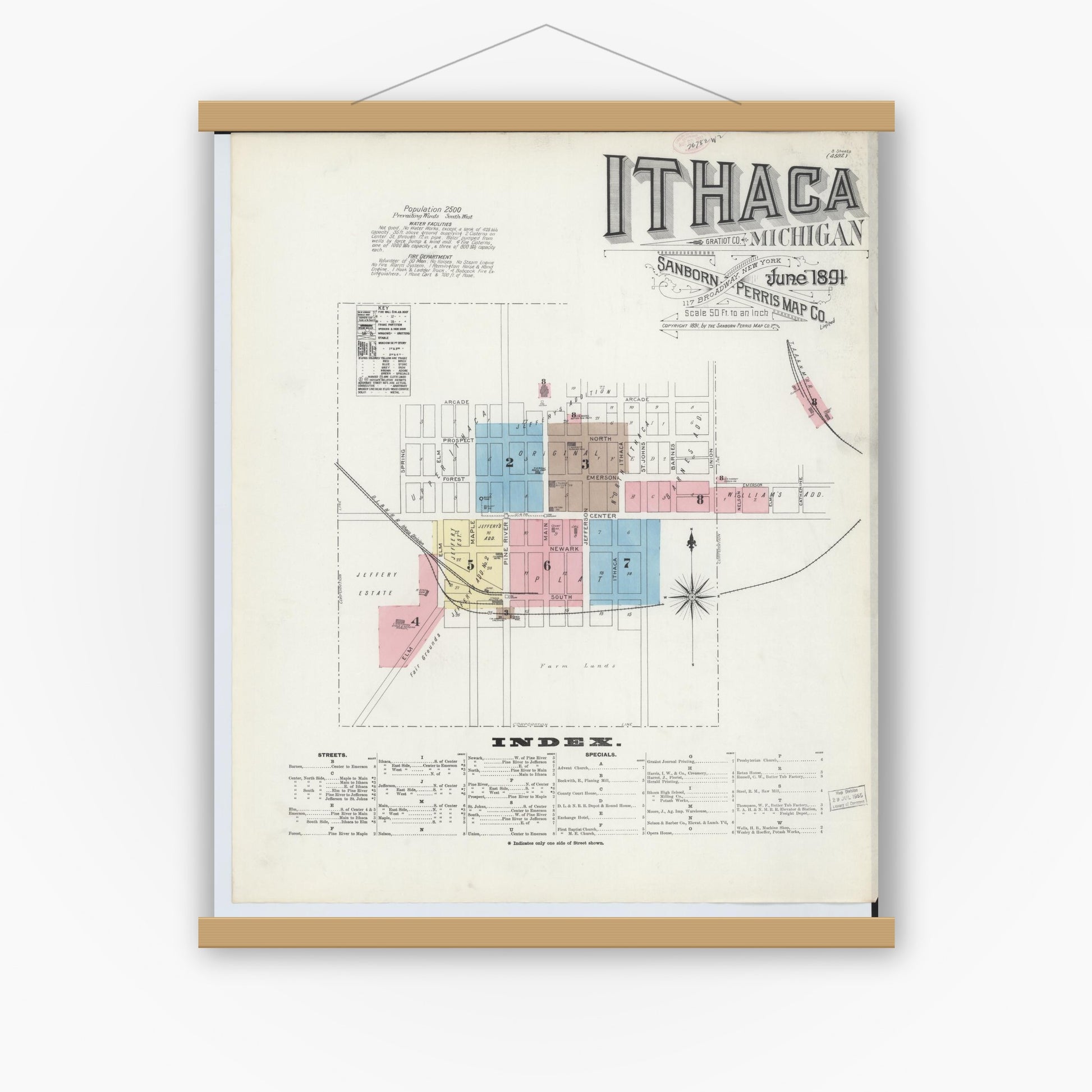 Old map wall art mockup — magnetic wood frame on white wall — Sanborn Fire Insurance Map from Ithaca, Gratiot County, Michigan (1891) - Complete Map Set
