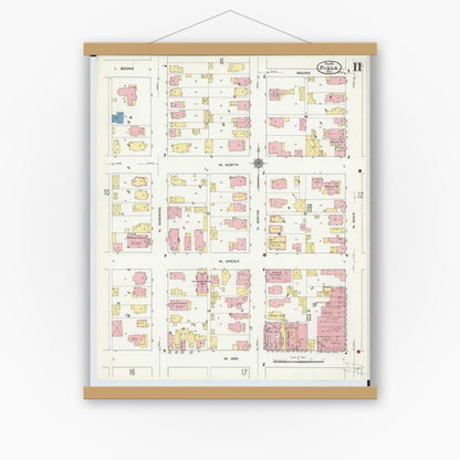 Old map wall art mockup — magnetic wood frame on white wall — Sanborn Fire Insurance Map from Piqua, Miami County, Ohio (1911), Sheet #0011