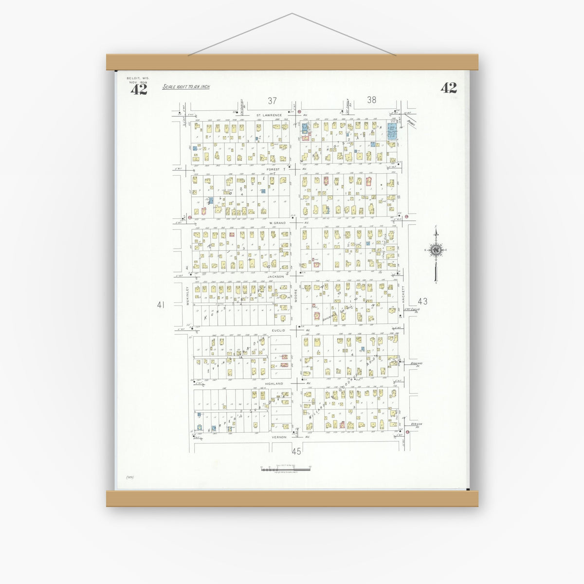 Old map wall art mockup — magnetic wood frame on white wall — Sanborn Fire Insurance Map from Beloit, Rock County, Wisconsin (1939), Sheet #0042
