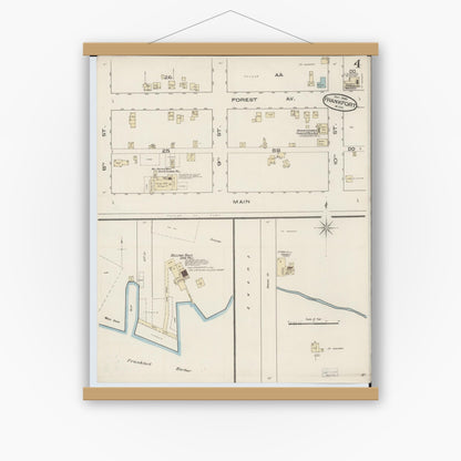Old map wall art mockup — magnetic wood frame on white wall — Sanborn Fire Insurance Map from Frankfort, Benzie County, Michigan (1885), Sheet #0004