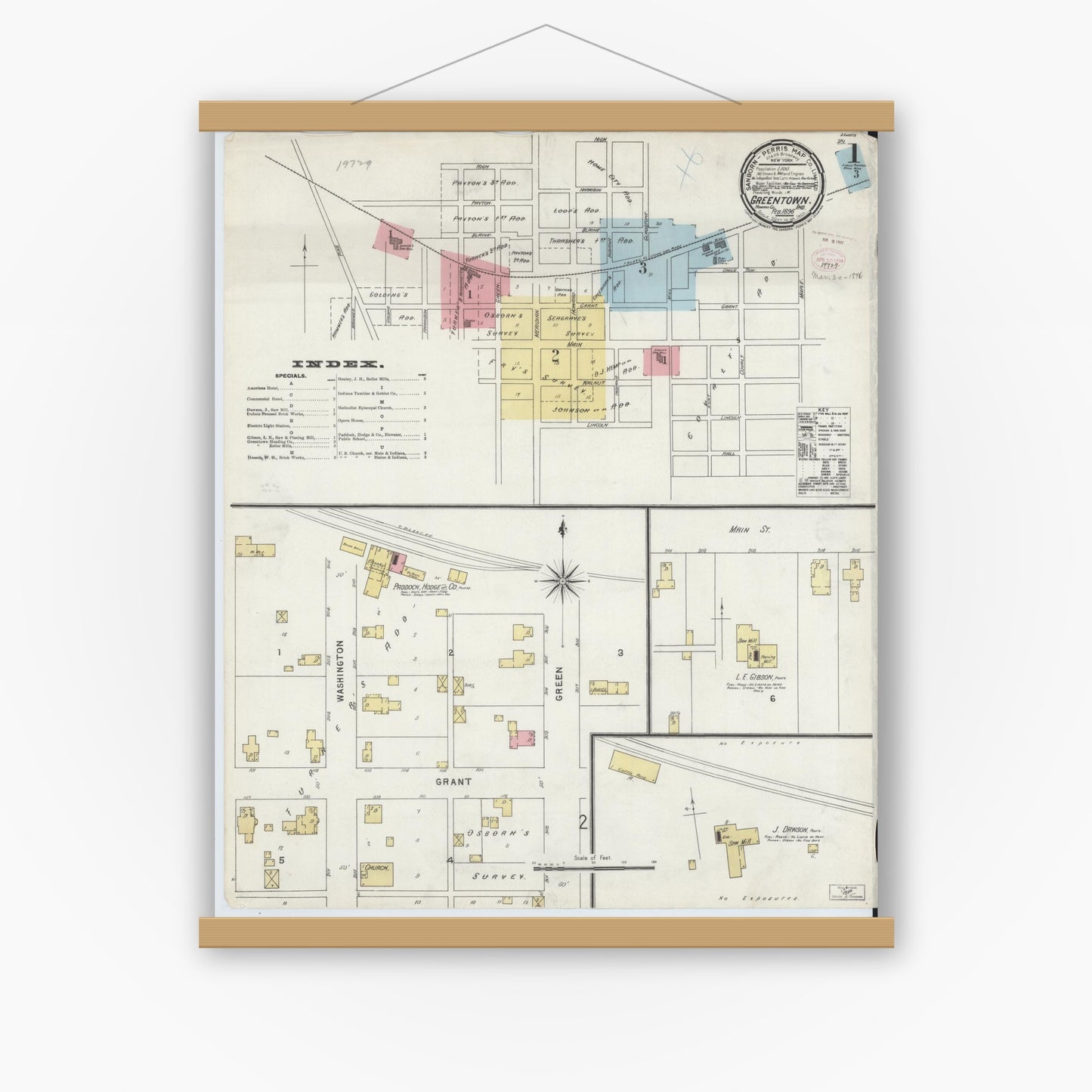 Old map wall art mockup — magnetic wood frame on white wall — Sanborn Fire Insurance Map from Greentown, Howard County, Indiana (1896), Sheet #0001