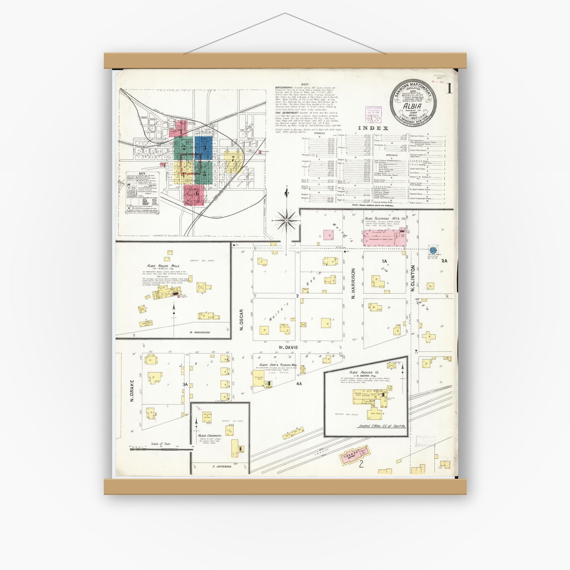 Old map wall art mockup — magnetic wood frame on white wall — Sanborn Fire Insurance Map from Albia, Monroe County, Iowa (1907) â€” Complete Set