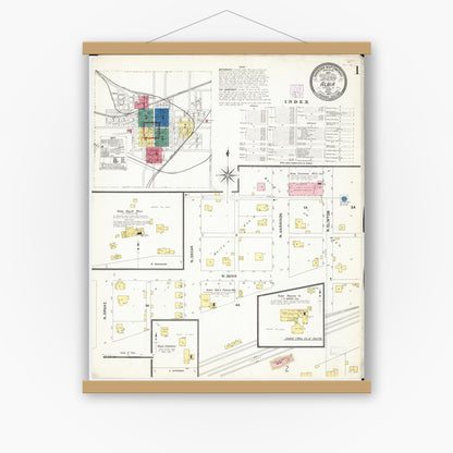 Old map wall art mockup — magnetic wood frame on white wall — Sanborn Fire Insurance Map from Albia, Monroe County, Iowa (1907) â€” Complete Set