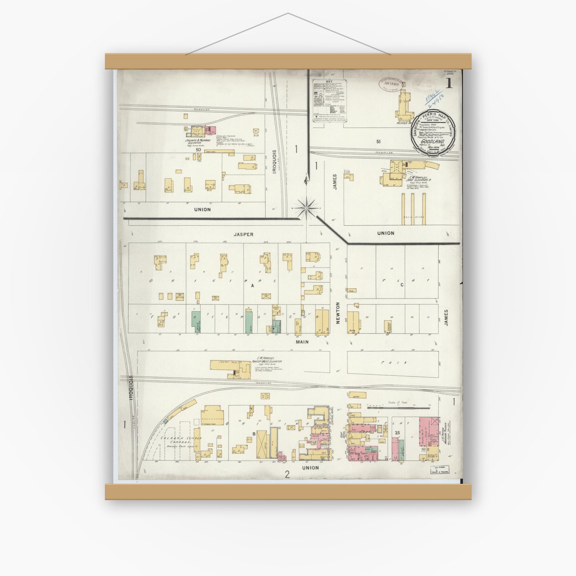 Old map wall art mockup — magnetic wood frame on white wall — Sanborn Fire Insurance Map from Goodland, Newton County, Indiana (1899) - Complete Map Set