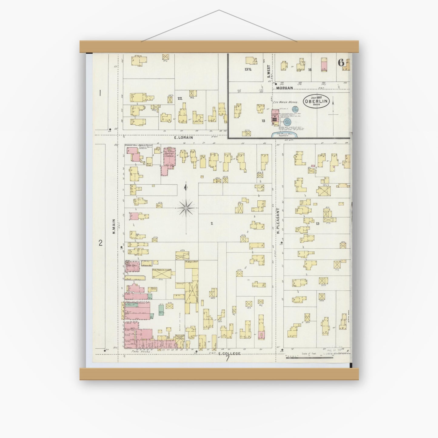Old map wall art mockup — magnetic wood frame on white wall — Sanborn Fire Insurance Map from Oberlin, Lorain County, Ohio (1897), Sheet #0006