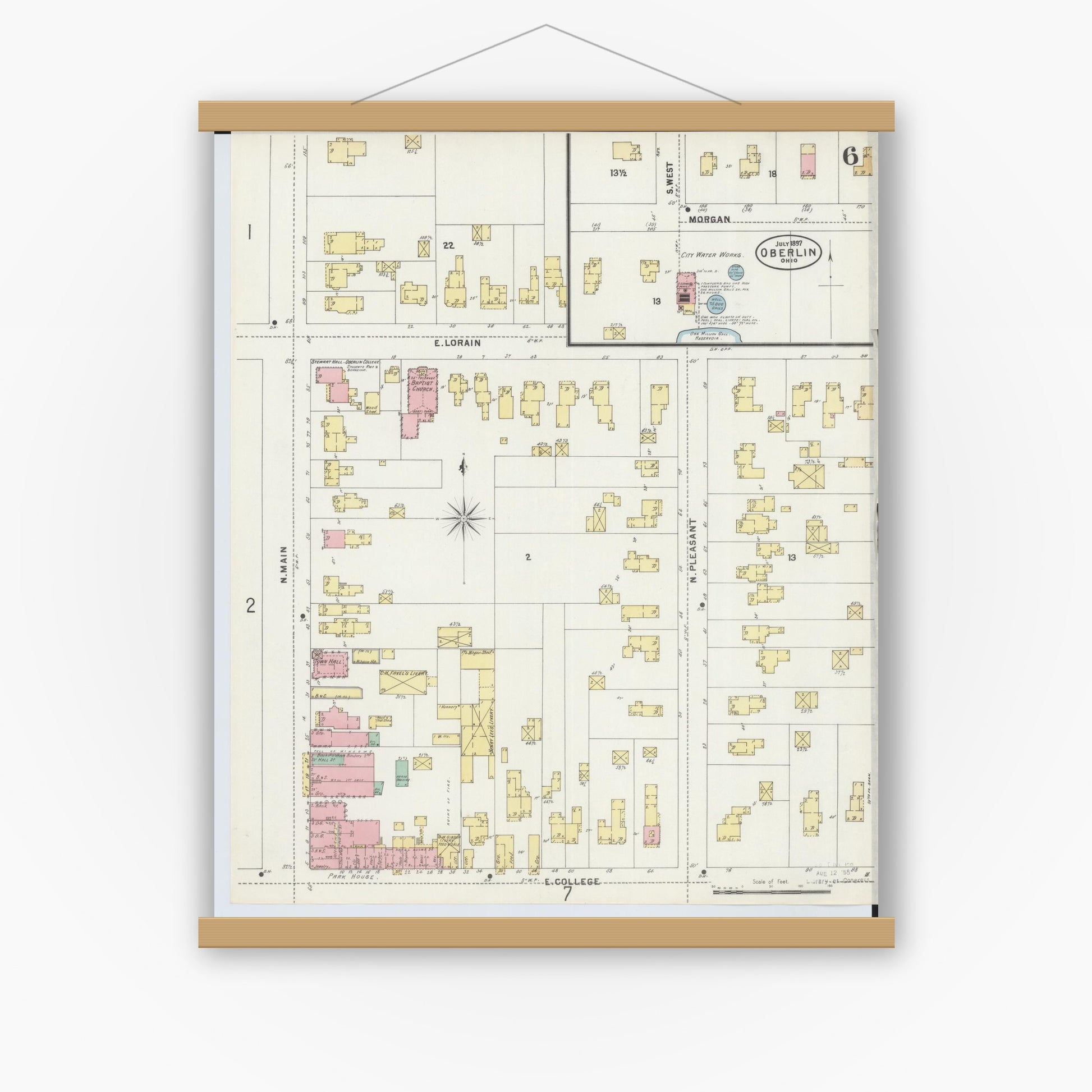 Old map wall art mockup — magnetic wood frame on white wall — Sanborn Fire Insurance Map from Oberlin, Lorain County, Ohio (1897), Sheet #0006